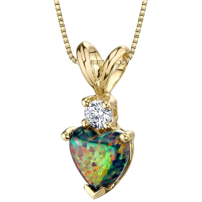 personalized crystal pendant necklace for couple gift -Black Opal and Diamond Pendant Necklace 14K Yellow Gold 0.50 Carat Heart Shape