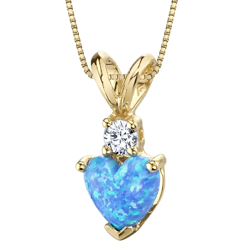 personalized gold pendant necklace for engagement -Blue Opal and Diamond Pendant Necklace 14K Yellow Gold 0.50 Carat Heart Shape