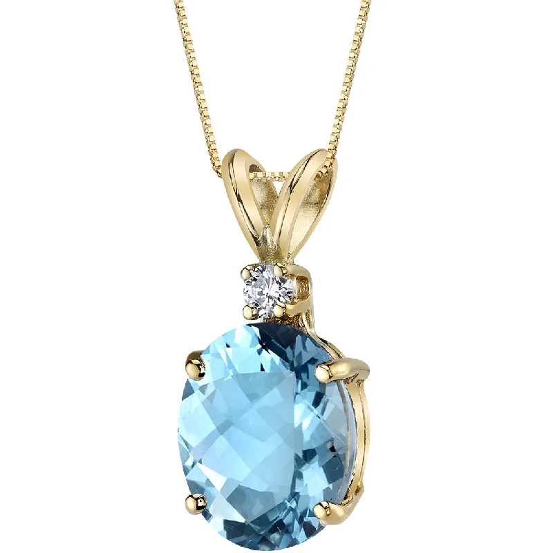 celestial star pendant necklace with custom engraving -Swiss Blue Topaz and Diamond Pendant Necklace 14K Yellow Gold 3 Carats Oval