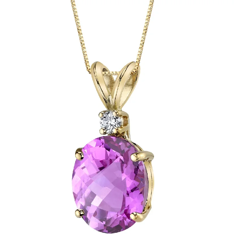 silver pendant necklace with personalized engraving -Pink Sapphire and Diamond Pendant Necklace 14K Yellow Gold 3.69 Carats Oval