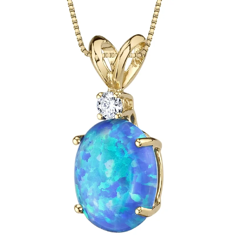 custom engraved crystal pendant necklace silver -Blue Opal and Diamond Pendant Necklace 14K Yellow Gold 1 Carat Oval