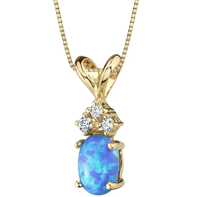 silver pendant necklace with personalized engraving -Blue Opal and Diamond Pendant Necklace 14K Yellow Gold 0.50 Carat Oval