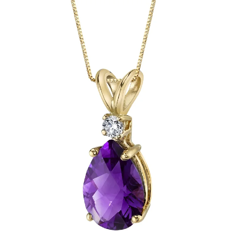 personalized pendant necklace for wedding day -Pear Shape Amethyst and Diamond Pendant Necklace 14K Yellow Gold 1.58 Carats