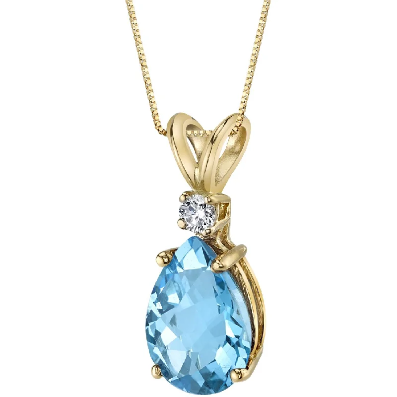 women’s pendant necklace with name and gemstone -Pear Shape Swiss Blue Topaz and Diamond Pendant Necklace 14K Yellow Gold 2.26 Carats