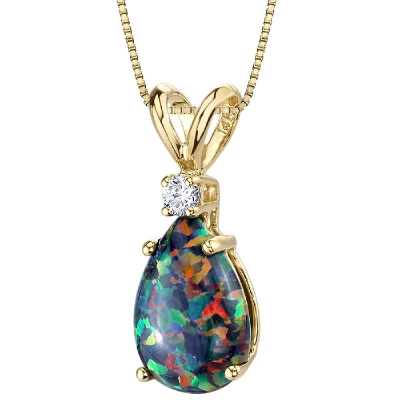 custom pendant necklace for special family occasions -Black Opal and Diamond Pendant Necklace 14K Yellow Gold 1 Carat Pear Shape