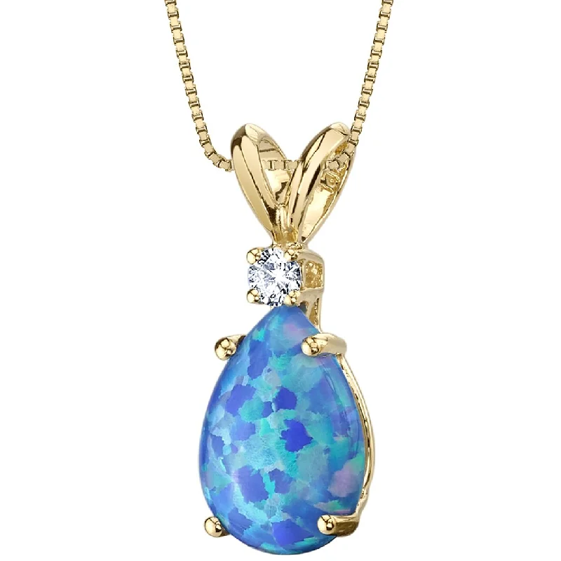 dainty crystal pendant necklace for brides -Blue Opal and Diamond Pendant Necklace 14K Yellow Gold 1 Carat Pear Shape