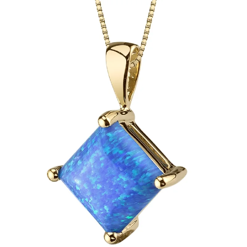 women’s bar pendant necklace with charm -14K Yellow Gold Created Blue Opal Pendant Necklace Princess Cut