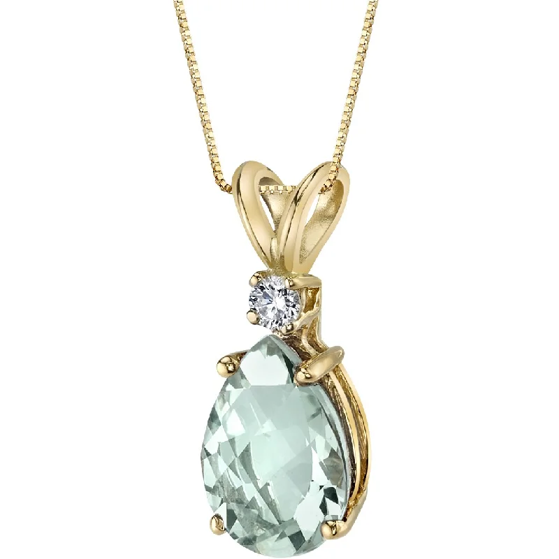 pendant necklace with engraving for bridal party -Pear Shape Green Amethyst and Diamond Pendant Necklace 14K Yellow Gold 1.66 Carats