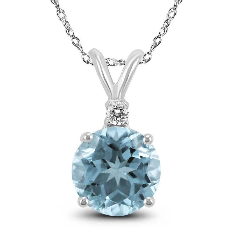 personalized pendant necklace for couple anniversary -14K White Gold 5MM Round Aquamarine and Diamond Pendant