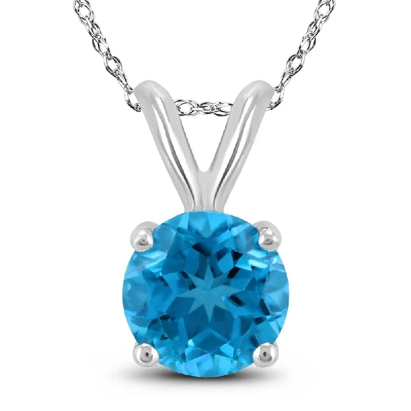 silver pendant necklace with gemstone and initial -14K White Gold 5MM Round Blue Topaz Pendant