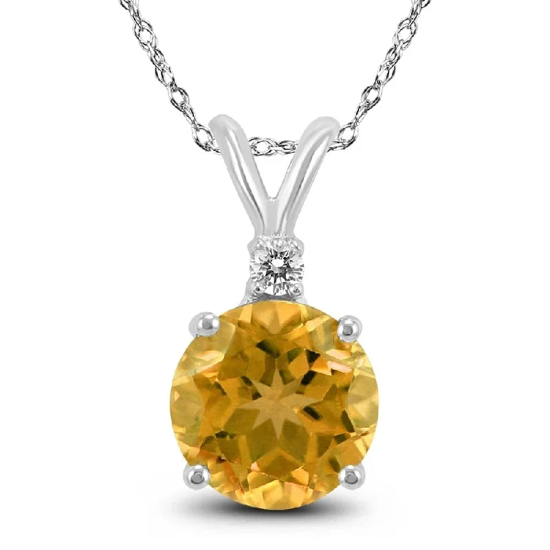 personalized pendant necklace with heart engraving -14K White Gold 5MM Round Citrine and Diamond Pendant