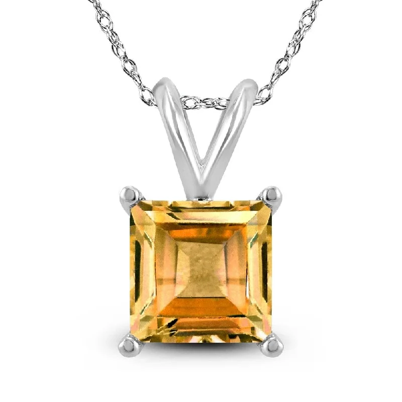 women’s bar pendant necklace with charm -14K White Gold 5MM Square Citrine Pendant