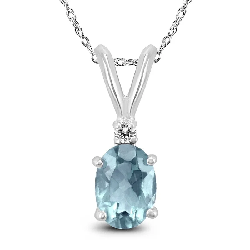 custom engraved pendant necklace for bridesmaids -14K White Gold 5x3MM Oval Aquamarine and Diamond Pendant