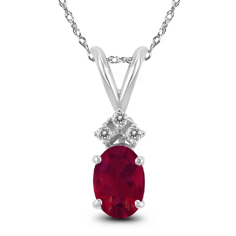 gold pendant necklace with gemstone heart -14K White Gold 5x3MM Oval Ruby and Diamond Pendant