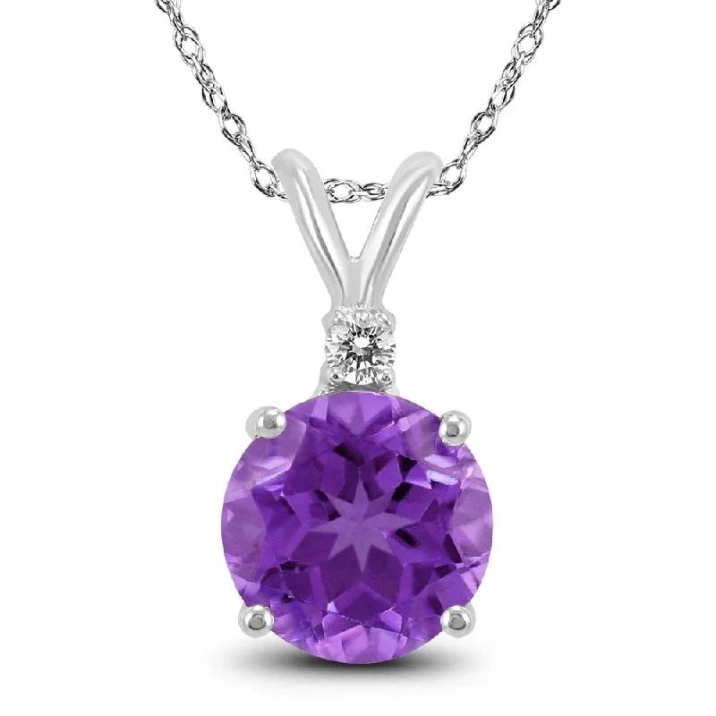 women’s pendant necklace with gemstone heart -14K White Gold 6MM Round Amethyst and Diamond Pendant