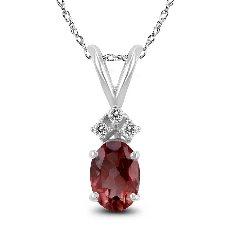 sterling silver pendant necklace with charm -14K White Gold 6x4MM Oval Garnet and Diamond Pendant