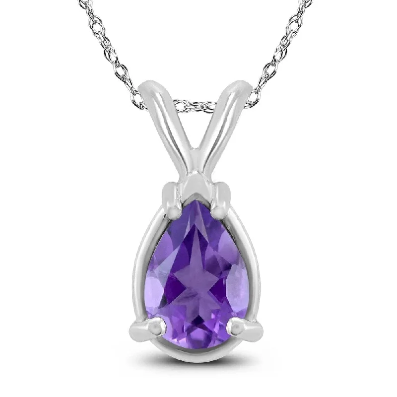 silver pendant necklace with diamond charm -14K White Gold 6x4MM Pear Amethyst Pendant