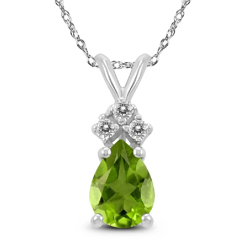 celestial star pendant necklace with custom engraving -14K White Gold 6x4MM Pear Peridot and Diamond Pendant