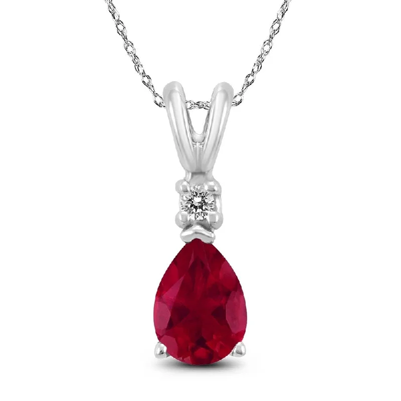 women’s custom pendant necklace with birthstone -14K White Gold 6x4MM Pear Ruby and Diamond Pendant