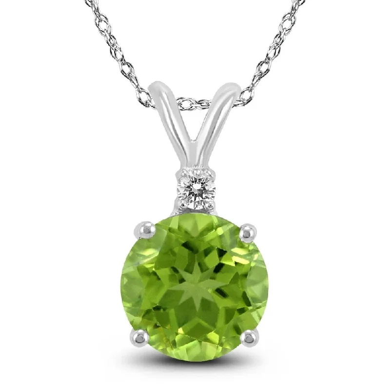 women’s pendant necklace with crystal gemstone -14K White Gold 7MM Round Peridot and Diamond Pendant