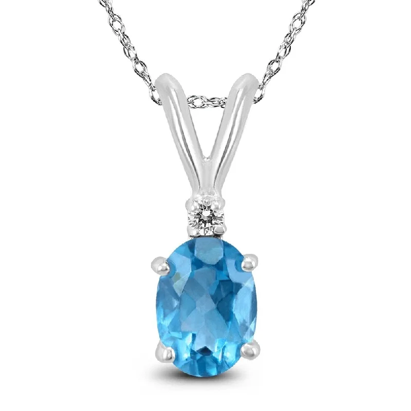 custom moon pendant necklace with crystal -14K White Gold 8x6MM Oval Blue Topaz and Diamond Pendant