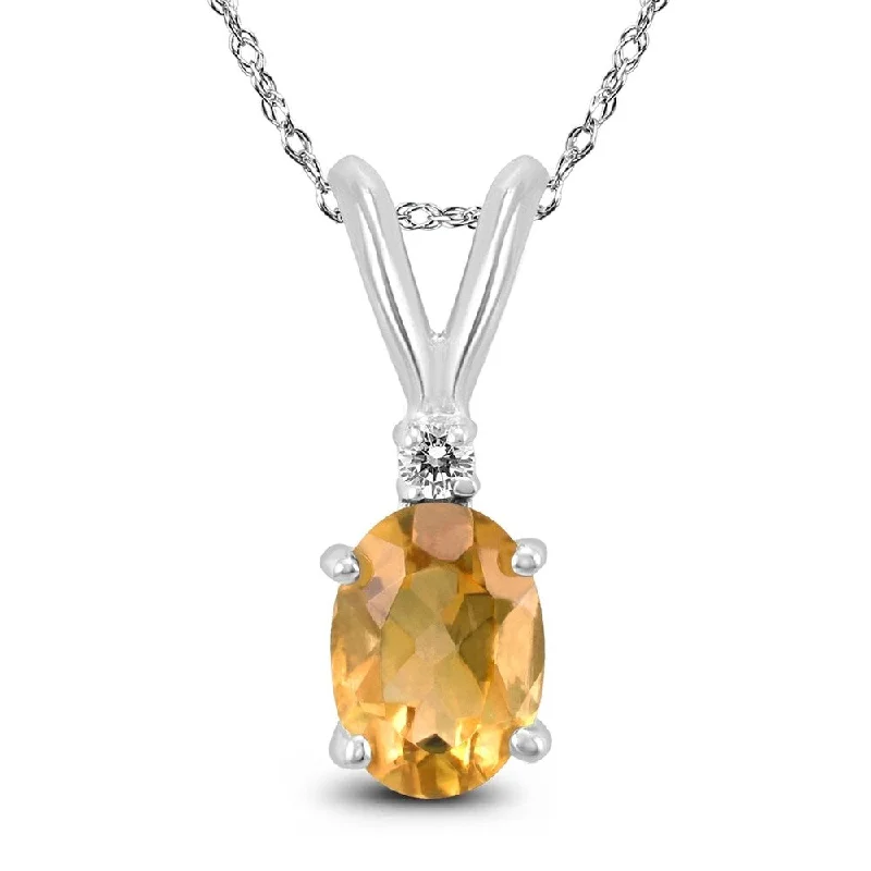 custom pendant necklace for engagement gift -14K White Gold 8x6MM Oval Citrine and Diamond Pendant