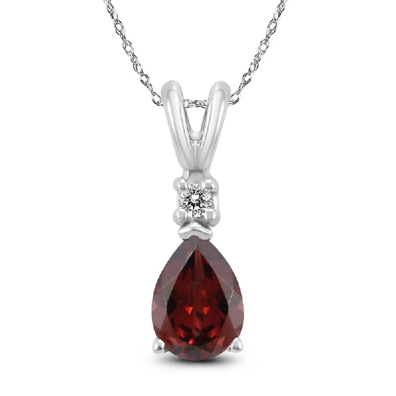 unique pendant necklace with custom engraving -14K White Gold 8x6MM Pear Garnet and Diamond Pendant