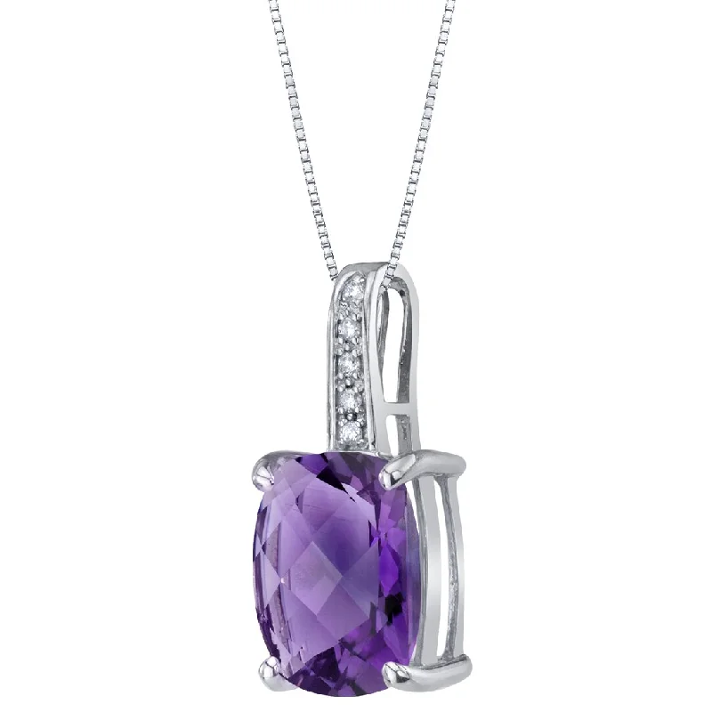 pendant necklace with initials for couples -Cushion Cut Amethyst and Diamond Pendant Necklace 14K White Gold 2.50 Carats