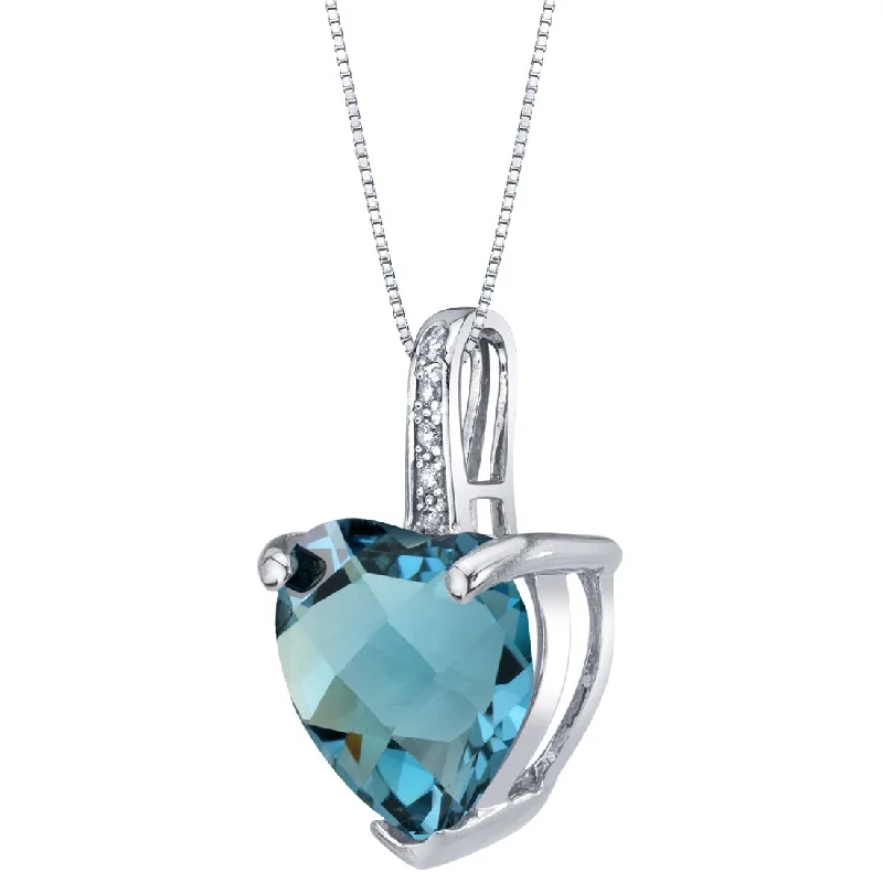 crystal pendant necklace for brides with initials -Heart Shape London Blue Topaz and Diamond Pendant Necklace 14K White Gold 4 Carats