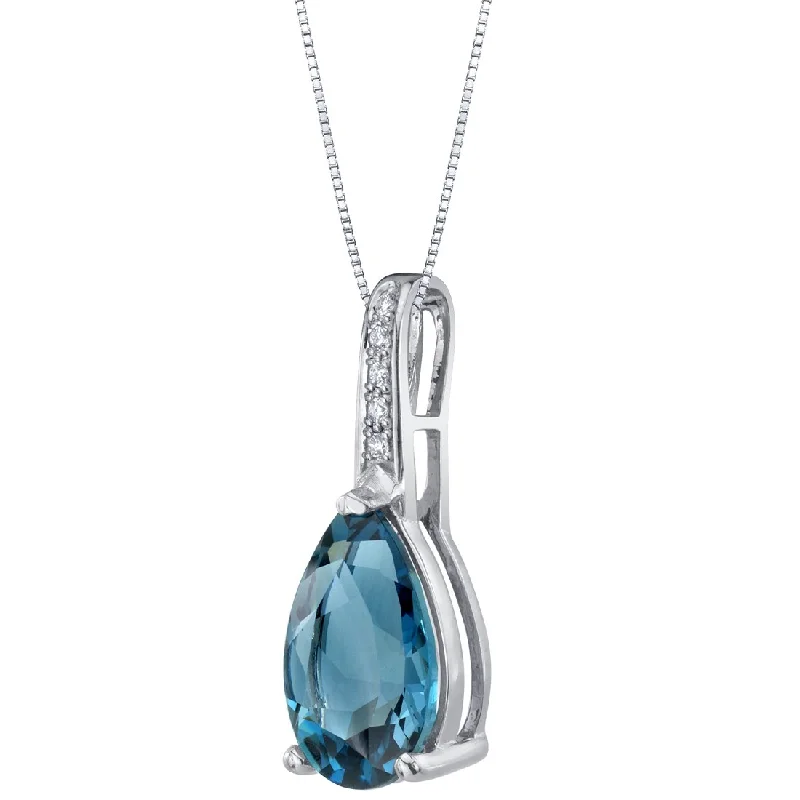 custom moon pendant necklace with crystal -Pear Shape London Blue Topaz and Diamond Teardrop Pendant Necklace 14K White Gold 3 Carats