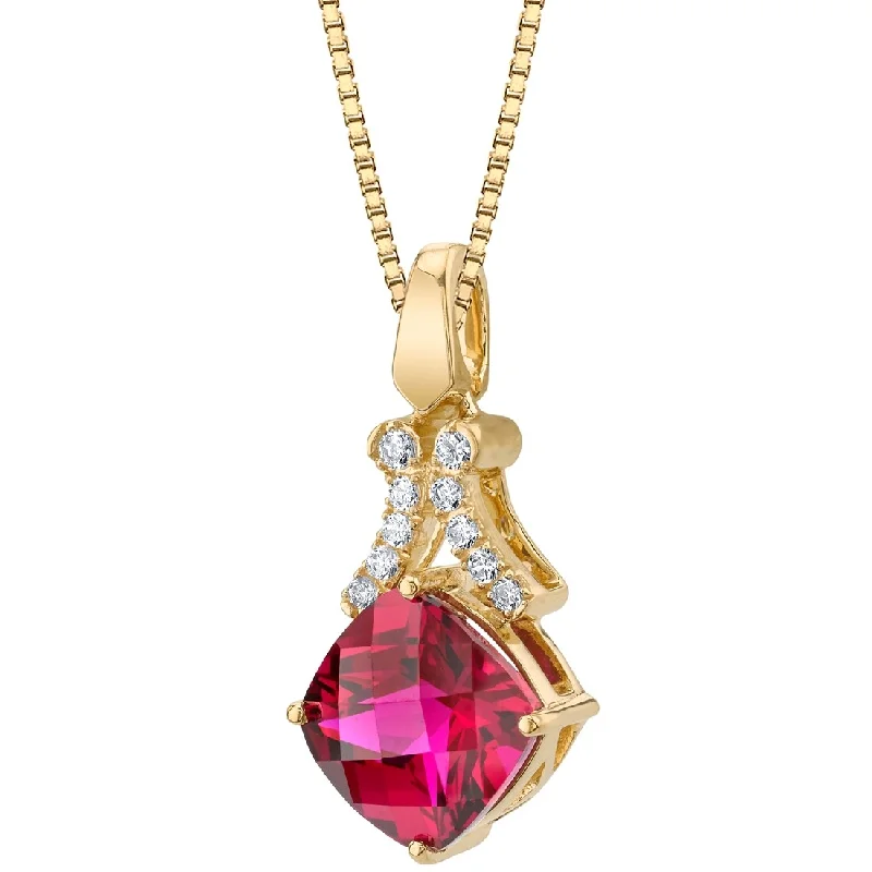 silver pendant necklace with custom heart design -14k Yellow Gold 1.5 ct Cushion Cut Created Ruby Pendant Necklace