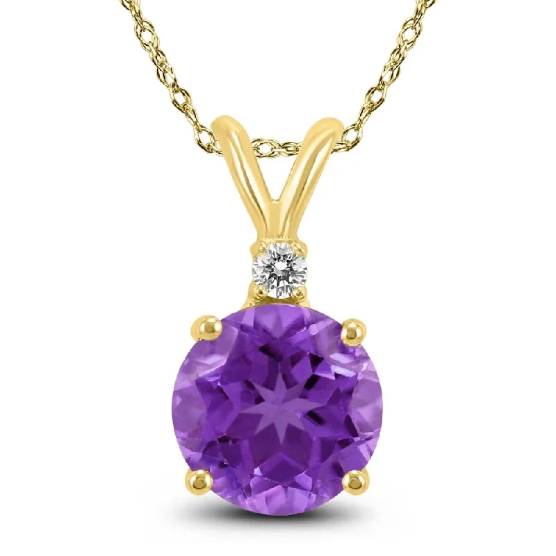 women’s pendant necklace with custom design -14K Yellow Gold 5MM Round Amethyst and Diamond Pendant