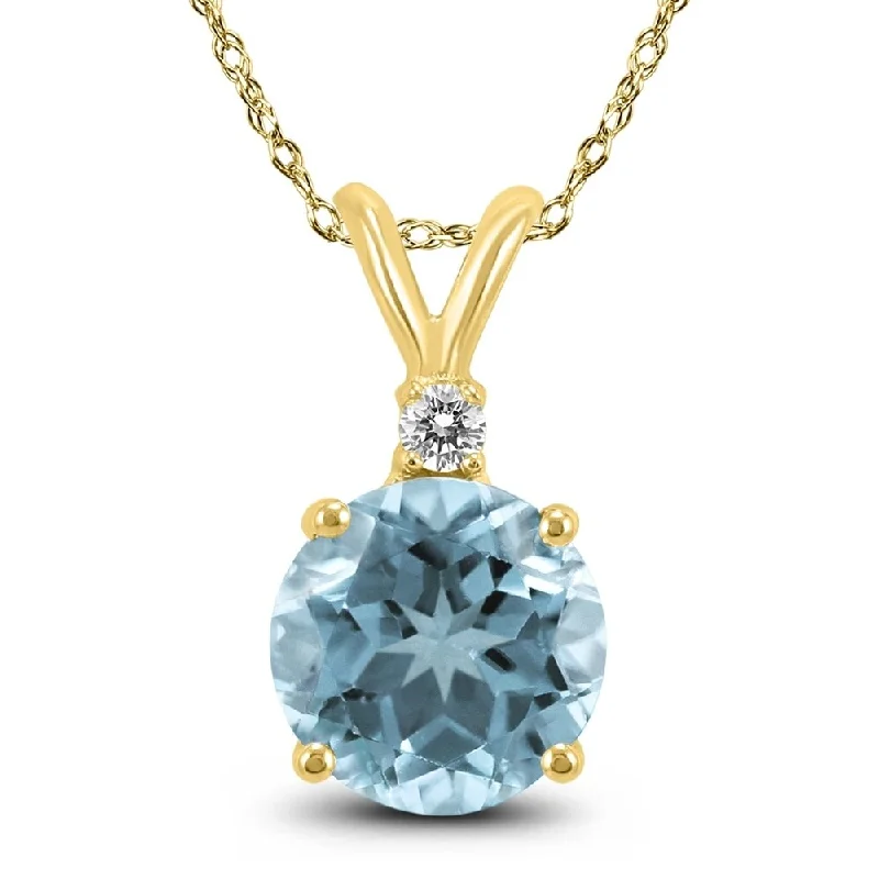 engraved pendant necklace for bridesmaids gift -14K Yellow Gold 5MM Round Aquamarine and Diamond Pendant