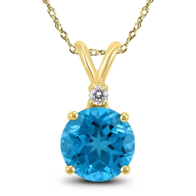 custom silver pendant necklace with moonstone charm -14K Yellow Gold 5MM Round Blue Topaz and Diamond Pendant