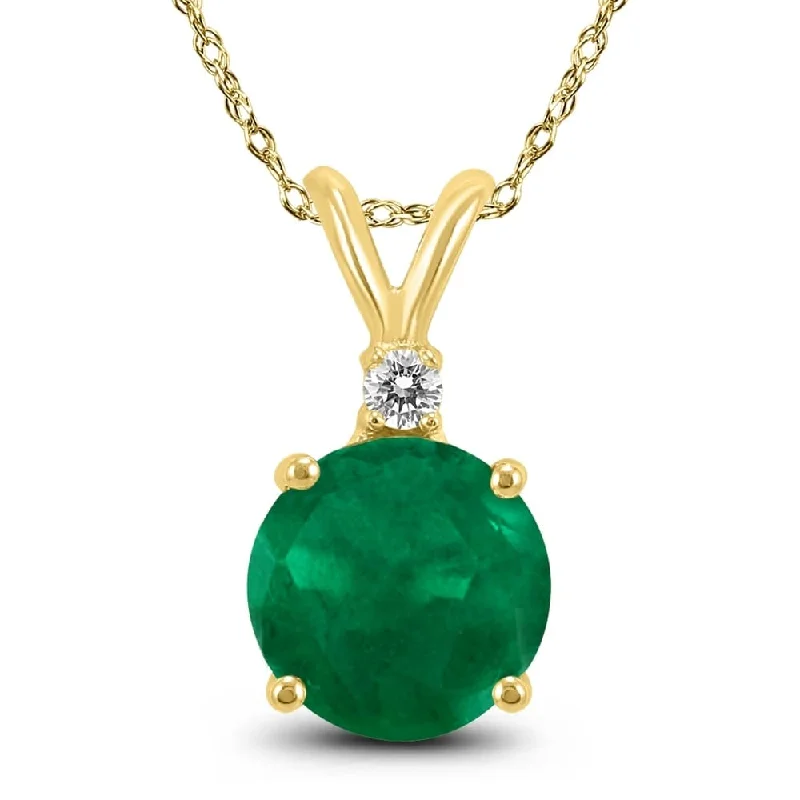 silver pendant necklace with name and charm -14K Yellow Gold 5MM Round Emerald and Diamond Pendant