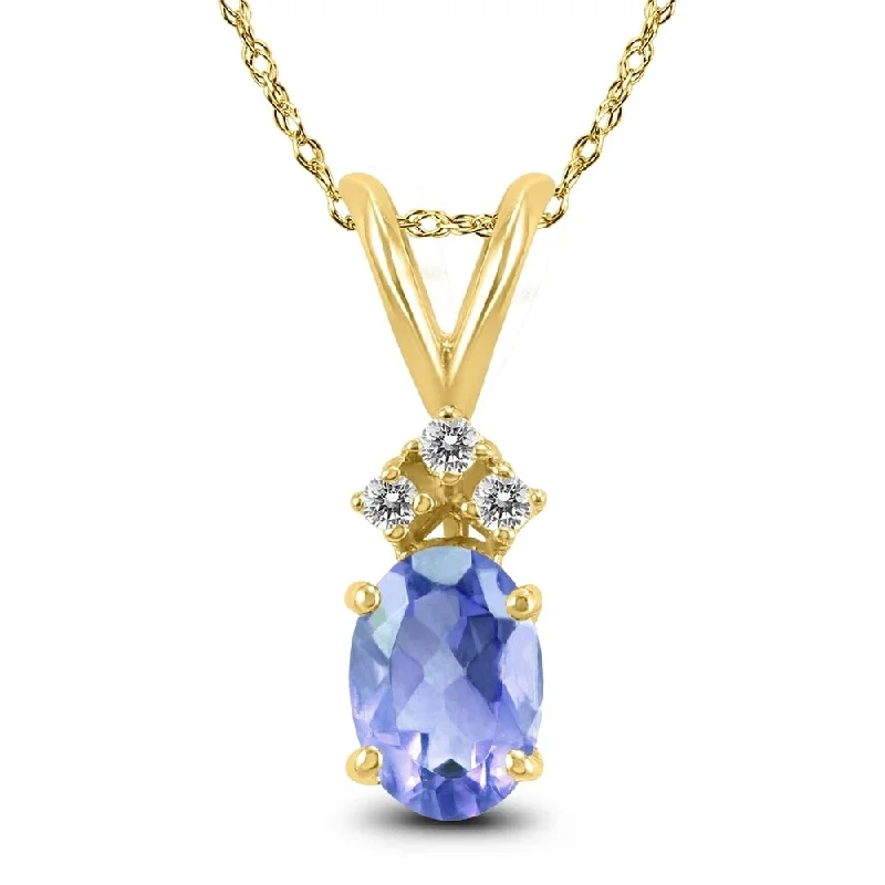 women’s custom bar pendant necklace silver -14K Yellow Gold 5x3MM Oval Tanzanite and Diamond Pendant