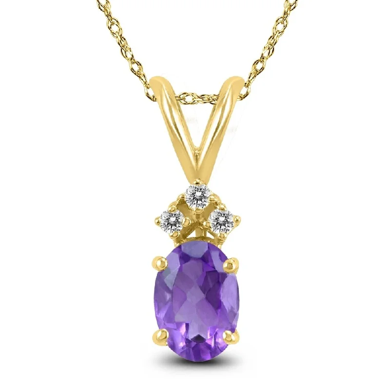 personalized heart pendant necklace for mom -14K Yellow Gold 7x5MM Oval Amethyst and Diamond Pendant