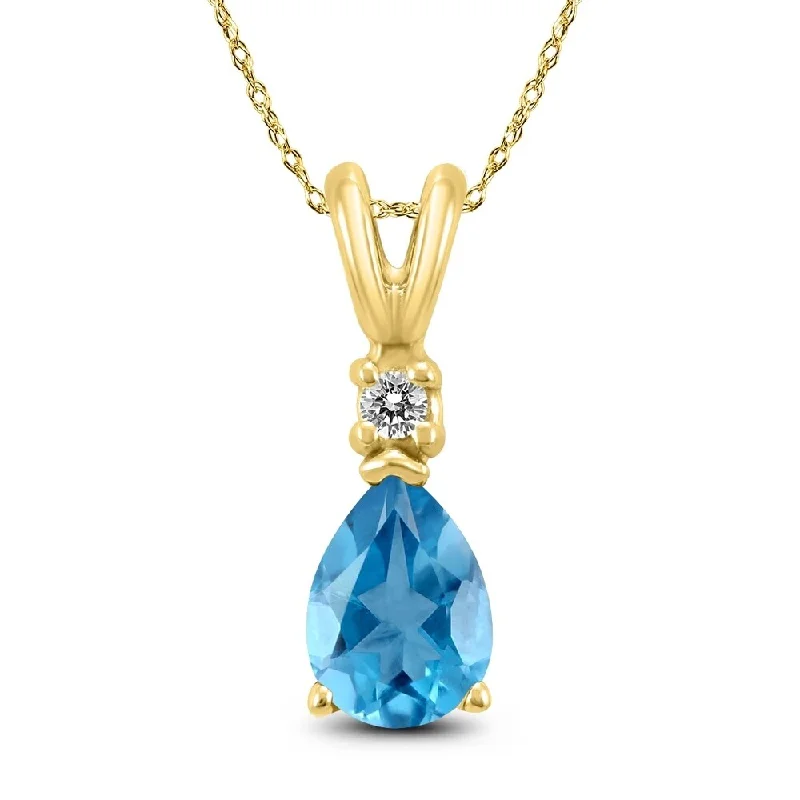 personalized moonstone pendant necklace with name -14K Yellow Gold 7x5MM Pear Blue Topaz and Diamond Pendant