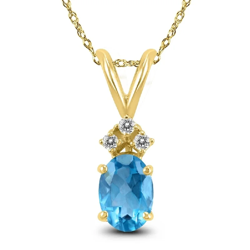 personalized gold pendant necklace for engagement -14K Yellow Gold 8x6MM Oval Blue Topaz and Diamond Pendant