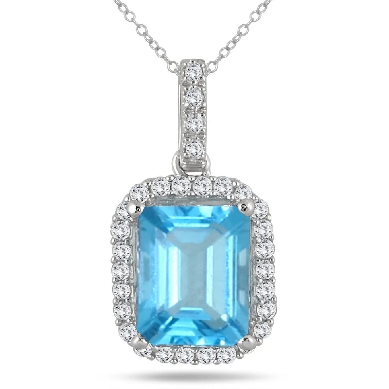 silver pendant necklace with charm for wedding -2.80 Carat Blue Topaz and Diamond Halo Pendant in 10K White Gold