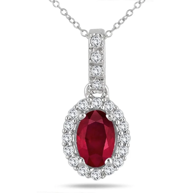 silver pendant necklace with custom engraving -6x4MM Oval Ruby and Diamond Halo Pendant in 10K White Gold