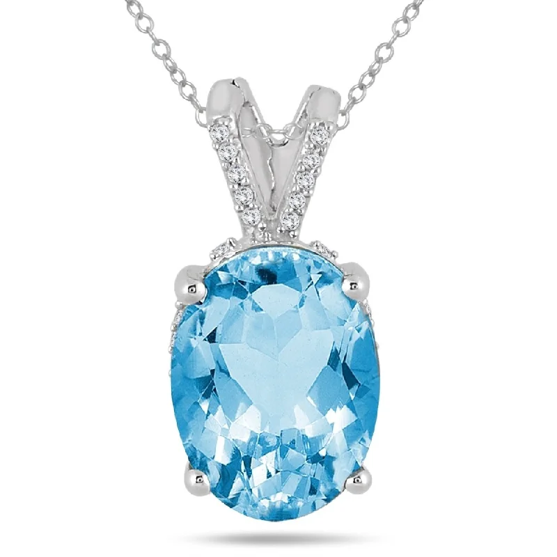 personalized pendant necklace with gemstone silver -7 Carat Oval Blue Topaz and Diamond Engraved Pendant in 10K White Gold