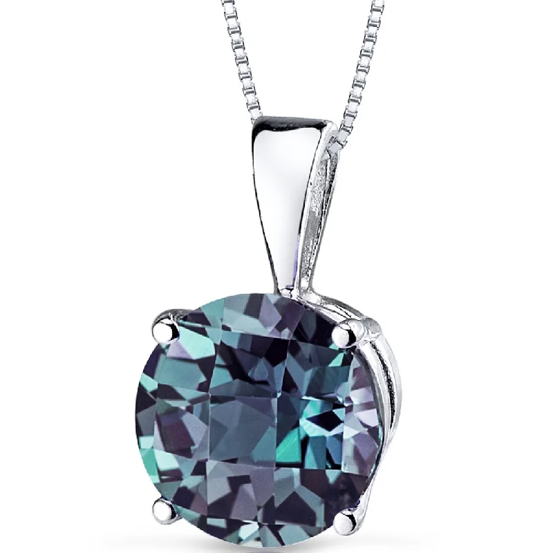 silver pendant necklace with personalized charm for bride -Alexandrite Pendant Necklace 14K White Gold Round 2.35 Carats