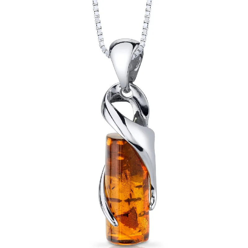 custom crystal pendant necklace for wedding -Baltic Amber Cylindrical Pendant Necklace Sterling Silver Cognac