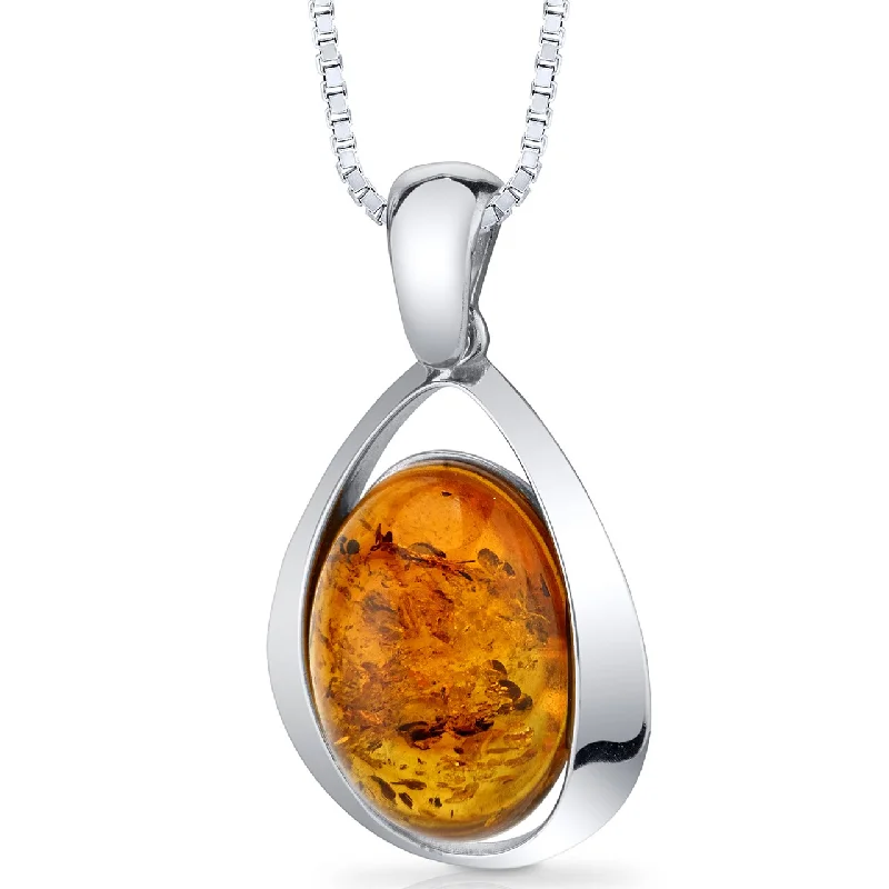 custom pendant necklace for special occasions -Baltic Amber Large Pendant Necklace Sterling Silver Cognac Oval