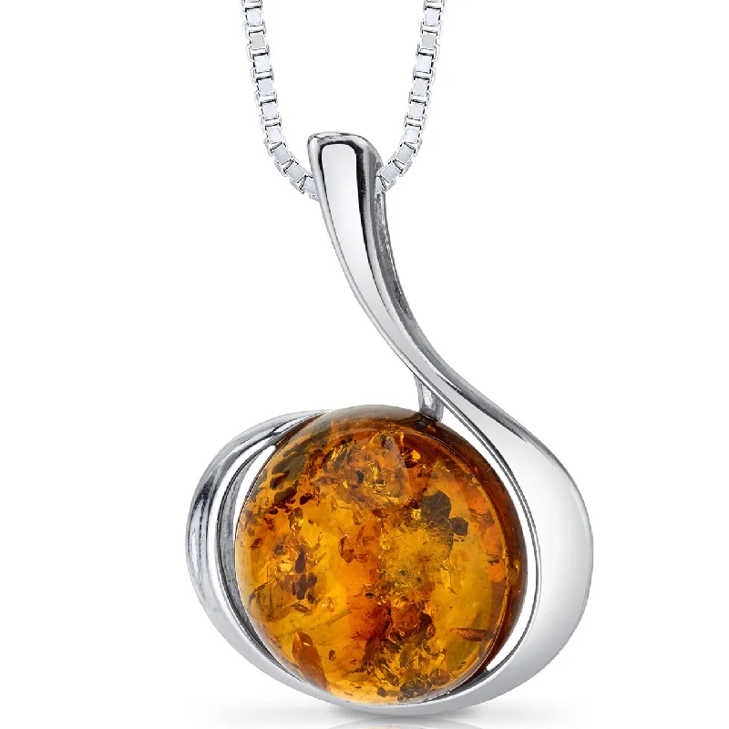 dainty pendant necklace with charm for brides -Baltic Amber Large Round Pendant Necklace Sterling Silver Cognac