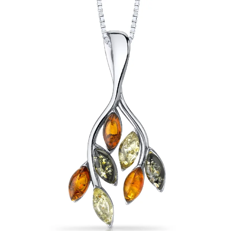 crystal pendant necklace with custom engraving -Baltic Amber Leaf Pendant Necklace Sterling Silver Multiple Colors