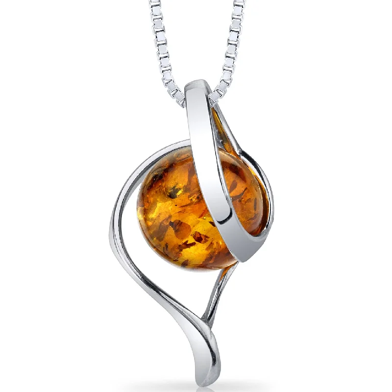 women’s custom gold pendant necklace with charm -Baltic Amber Open Spiral Pendant Necklace Sterling Silver Cognac