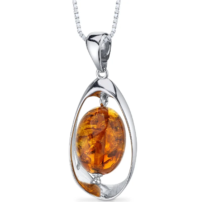 personalized pendant necklace with star charm -Baltic Amber Pendant Necklace Sterling Silver Cognac Color Large Oval