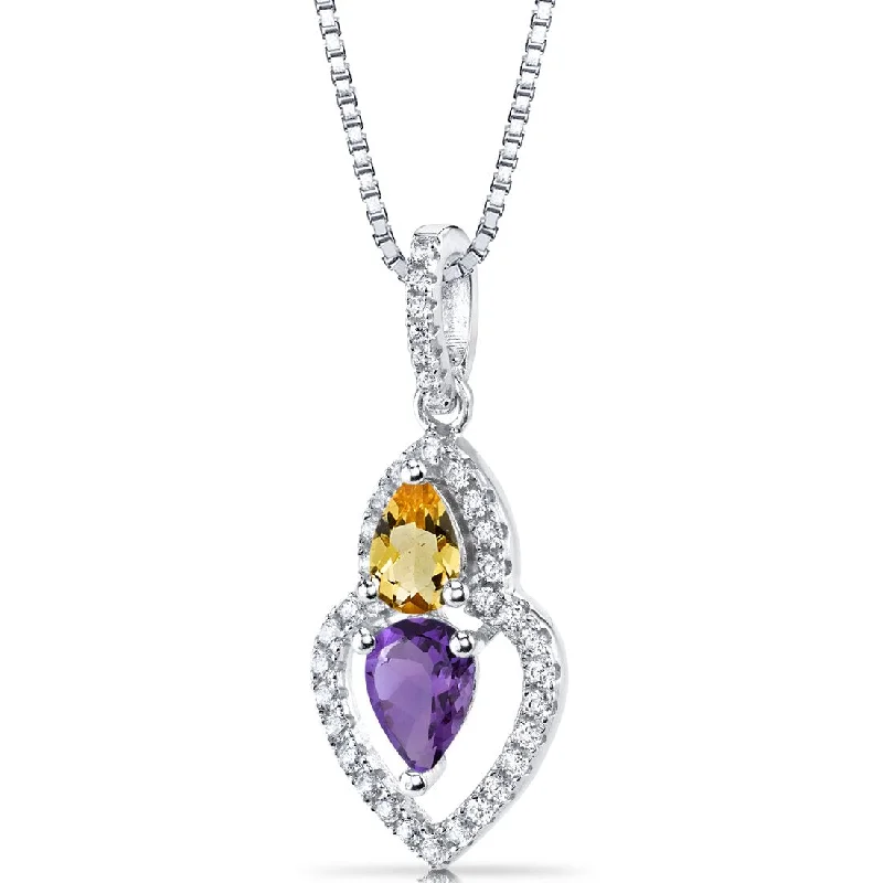 dainty gold pendant necklace for brides -Amethyst and Citrine Pendant Necklace Sterling Silver Pear Shape 0.75 Carats Total